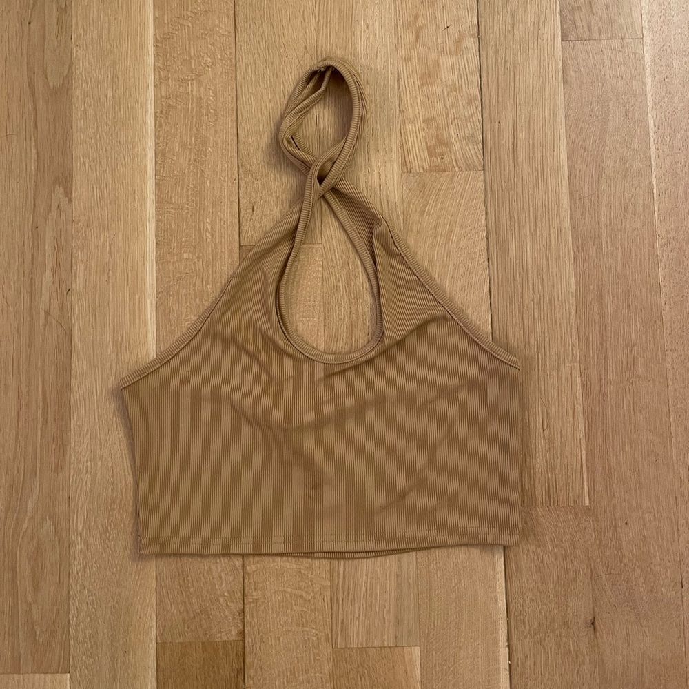 Brown/tan crop top from Shein with a front cross